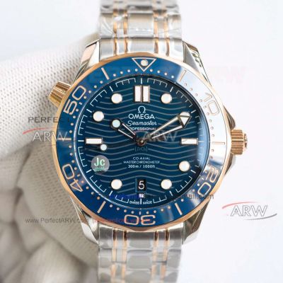 Swiss Replica Omega Seamaster Two tone Rose Gold Blue Waved Dial 8800 Watch